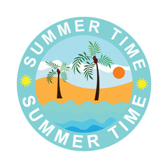 Summer time stamp, beach with palms and sea, color isolated on white background, vector illustration.