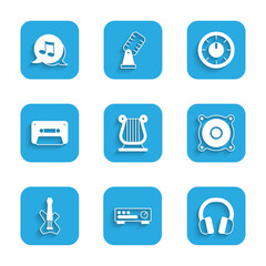Set Ancient Greek lyre, Sound mixer controller, Headphones, Stereo speaker, Electric bass guitar, Retro audio cassette tape, and Music note, tone icon. Vector