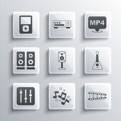 Set Music note, tone, Xylophone, Balalaika, Stereo speaker, Sound mixer controller, player and MP4 file document icon. Vector