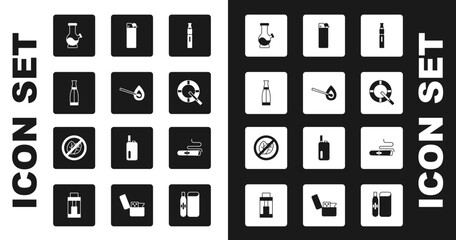 Set Electronic cigarette, Burning match with fire, Vape liquid bottle, Bong, Ashtray, Lighter, Cigar and No tobacco leaf icon. Vector