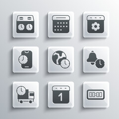 Set Calendar, Digital alarm clock, Alarm, World time, Delivery truck and, app mobile, Time chess and spring icon. Vector