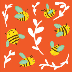 Pattern of bees flying among leaves, cartoon style, for children, ideal for printing, decoration, backgrounds and textiles.