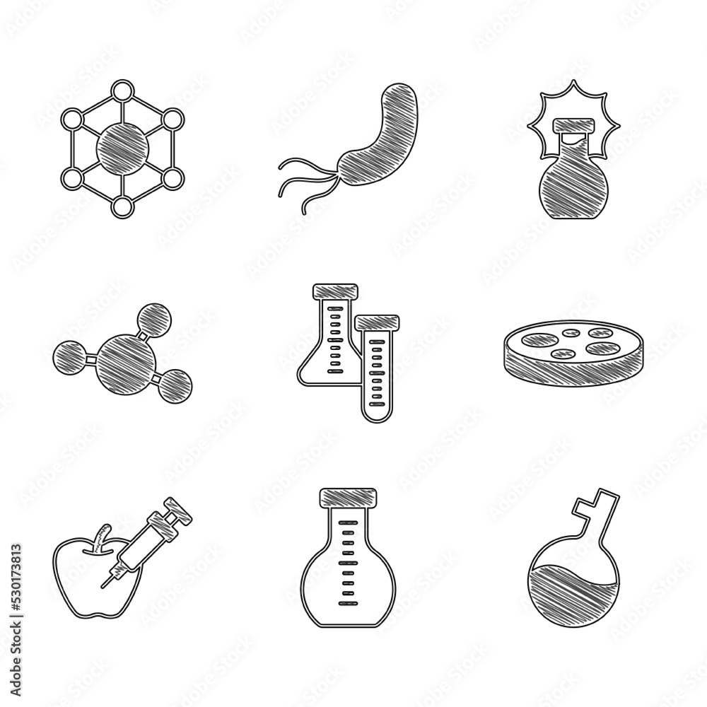 Wall mural Set Test tube, Petri dish with bacteria, Genetically modified apple, Molecule, Explosion in the flask and icon. Vector