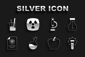 Set Test tube, Explosion in the flask, Apple, Chemistry report, Microscope, Laboratory glassware and Radioactive icon. Vector