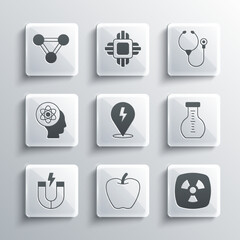 Set Apple, Radioactive, Test tube, Lightning bolt, Magnet, Atom, Molecule and Stethoscope icon. Vector