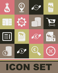 Set Safe, Finance document and lock, Shopping cart, Discount percent tag, Gear with, Credit card chip, Money bag and Coin money icon. Vector