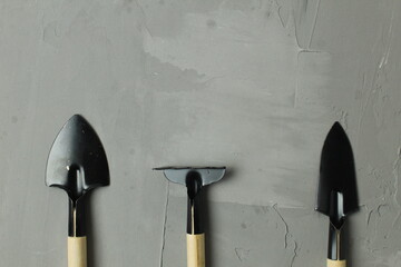 garden tools on a gray background. Shovel rakes and shovels with wooden handles hedgehog on a gray...