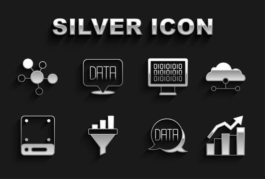 Set Sales funnel with chart, Network cloud connection, Financial growth, Data analysis, Server, Binary code, Mind map infographic and icon. Vector