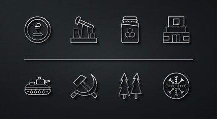 Set line Rouble, ruble currency, Military tank, Mausoleum of Lenin, Christmas tree, Hammer and sickle USSR, Oil pump or pump jack, Snowflake and Jar honey icon. Vector