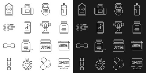 Set line Location gym, Online fitness and training, Sports nutrition, Kettlebell, Music player, Tennis ball, program and Award cup icon. Vector