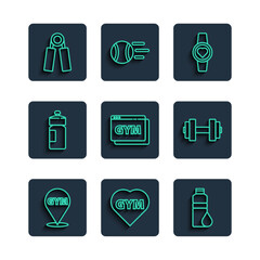 Set line Location gym, Fitness heart, shaker, Smartwatch, Online fitness and training, Sport expander and Dumbbell icon. Vector