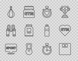 Set line Location gym, Bathroom scales, Heart in the center stopwatch, Kettlebell, Punching bag, Sports nutrition, Stopwatch and Fitness heart icon. Vector