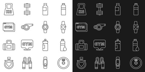Set line Weight plate, Fitness shaker, Smartwatch, Whistle, Online fitness and training, and icon. Vector