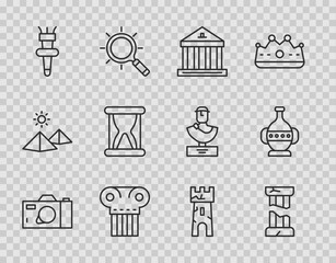 Set line Photo camera, Broken ancient column, Museum building, Ancient, Torch flame, Old hourglass with sand, Castle tower and amphorae icon. Vector