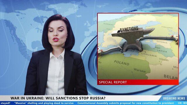 Female news anchor on live TV news channel reporting on sanctions in Russia and oil embargo because of war in Ukraine