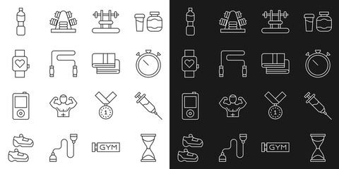 Set line Old hourglass, Doping syringe, Stopwatch, Bench with barbel, Jump rope, Smart, Bottle of water and Towel stack icon. Vector