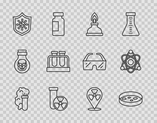 Set line Chemical explosion, Petri dish with bacteria, Alcohol or spirit burner, Test tube radiation, Shield protecting from virus, and flask, Radioactive location and Atom icon. Vector