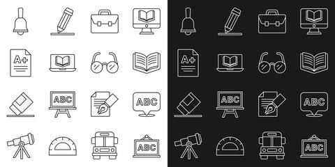 Set line Chalkboard, Alphabet, Open book, Briefcase, Online class, Exam sheet with plus grade, Ringing bell and Glasses icon. Vector