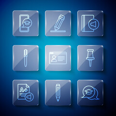 Set line Exam sheet with A plus grade, Marker pen, Graduation cap in speech bubble, Audio book, Online class, Pen, mobile and Push pin icon. Vector