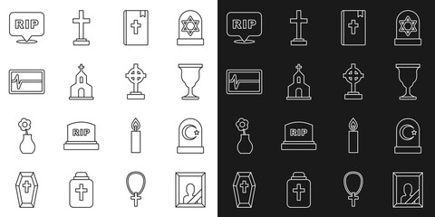 Set line Mourning photo frame, Muslim cemetery, Christian chalice, Holy bible book, Church building, Beat dead monitor, Speech bubble rip death and Grave with cross icon. Vector