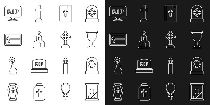 Set line Mourning photo frame, Muslim cemetery, Christian chalice, Holy bible book, Church building, Beat dead monitor, Speech bubble rip death and Grave with cross icon. Vector