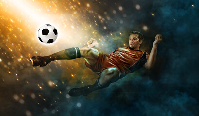 Football player. Soccer player. Man in football sportswear at the game in action with ball. Sport...
