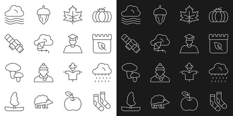 Set line Socks, Cloud with rain, Calendar autumn leaves, Leaf or, Kite, Winter scarf, Windy weather and Graduate and graduation cap icon. Vector
