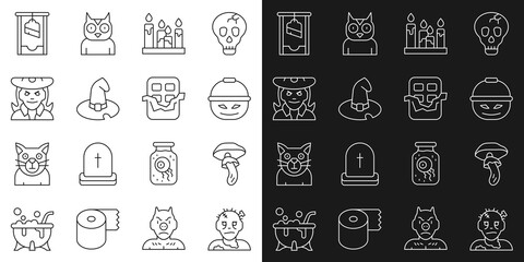 Set line Zombie mask, Psilocybin mushroom, Pumpkin basket for sweets, Burning candle, Witch hat, Guillotine and Chocolate bar icon. Vector