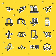 Set line Globe with flying plane, Trolley baggage, Suitcase, Scale suitcase, Lost, Conveyor belt, Plane and Calendar and airplane icon. Vector