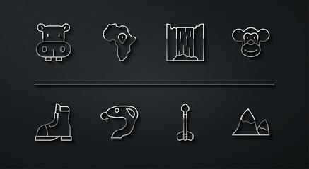 Set line Hippo or Hippopotamus, Hunter boots, Monkey, Arrow, Snake, Map of Africa, Mountains and Waterfall icon. Vector
