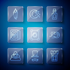 Set line All-seeing eye of God, Magician, Castle tower, Bottle with potion, Ancient magic book, Tarot cards, stone and Fireball icon. Vector
