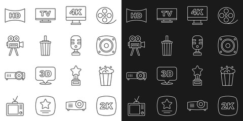 Set line 2k Ultra HD, Popcorn in cardboard box, Stereo speaker, Screen tv with 4k, Paper glass water, Retro cinema camera, Hd movie, tape, frame and Microphone icon. Vector