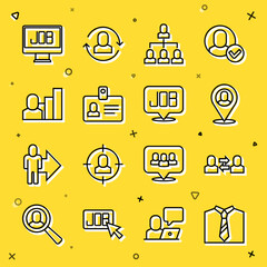 Set line Tie, Exchange work, Worker location, Employee hierarchy, Identification badge, Productive human, Search job and icon. Vector