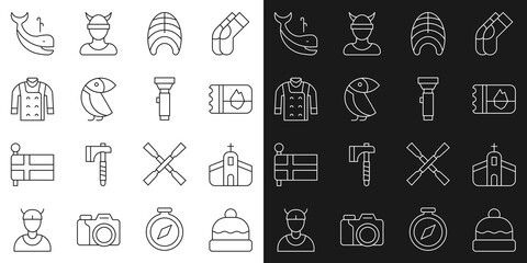 Naklejka premium Set line Beanie hat, Church building, Ticket Iceland, Fish steak, Albatross, Sweater, Whale and Flashlight icon. Vector