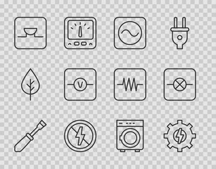 Set line Screwdriver, Gear and lightning, AC voltage source, No, Buzzer electronic circuit, Voltmeter, Washer and Lamp icon. Vector
