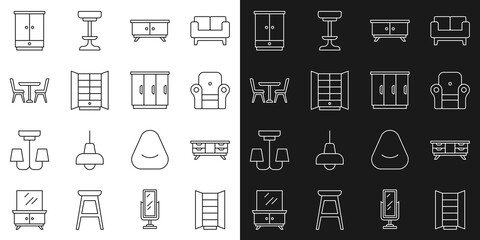 Set line Wardrobe, TV table stand, Armchair, Furniture nightstand, Table with, and icon. Vector