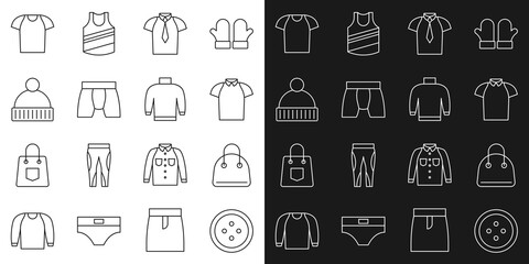 Set line Sewing button for clothes, Handbag, Polo shirt, Shirt, Men underpants, Beanie hat, T-shirt and Sweater icon. Vector