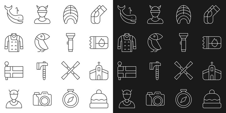 Set line Beanie hat, Church building, Ticket Iceland, Fish steak, Albatross, Sweater, Whale and Flashlight icon. Vector