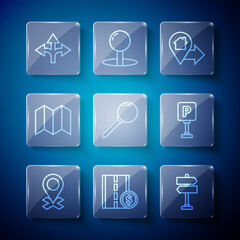 Set line Location, Toll road traffic sign, Road, with house, Push pin, Folded map, and Parking icon. Vector