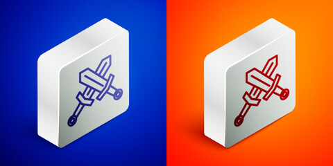 Isometric line Crossed medieval sword icon isolated on blue and orange background. Medieval weapon. Silver square button. Vector