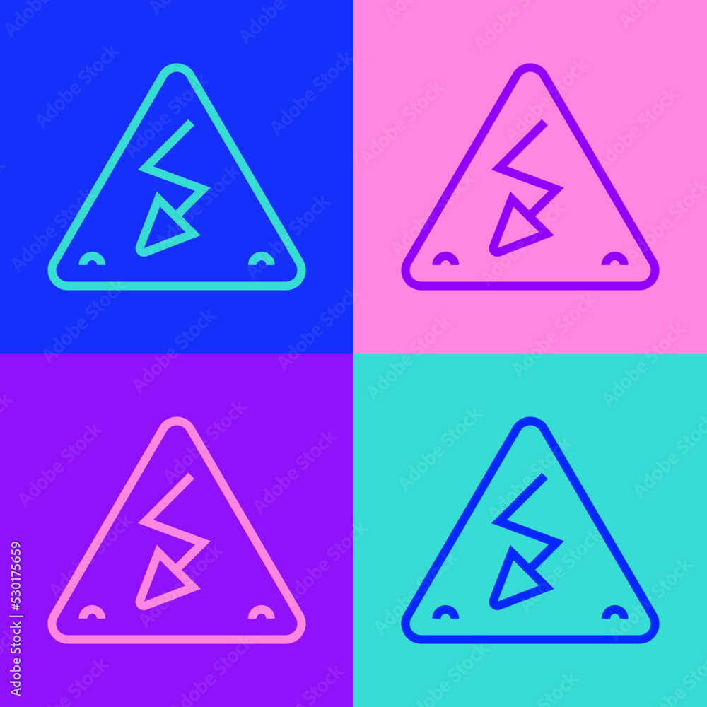 Poster pop art line high voltage sign icon isolated on color background. danger symbol. arrow in triangle. 
