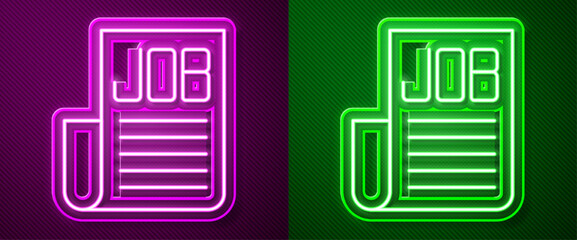 Glowing neon line Search job icon isolated on purple and green background. Recruitment or selection concept. Human resource and recruitment for business. Vector