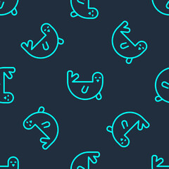 Green line Fur seal animal icon isolated seamless pattern on blue background. Vector