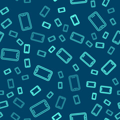 Green line Smartphone, mobile phone icon isolated seamless pattern on blue background. Vector