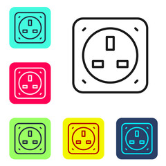 Black line Electrical outlet icon isolated on white background. Power socket. Rosette symbol. Set icons in color square buttons. Vector