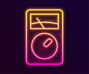 Glowing neon line Ampere meter, multimeter, voltmeter icon isolated on black background. Instruments for measurement of electric current. Vector