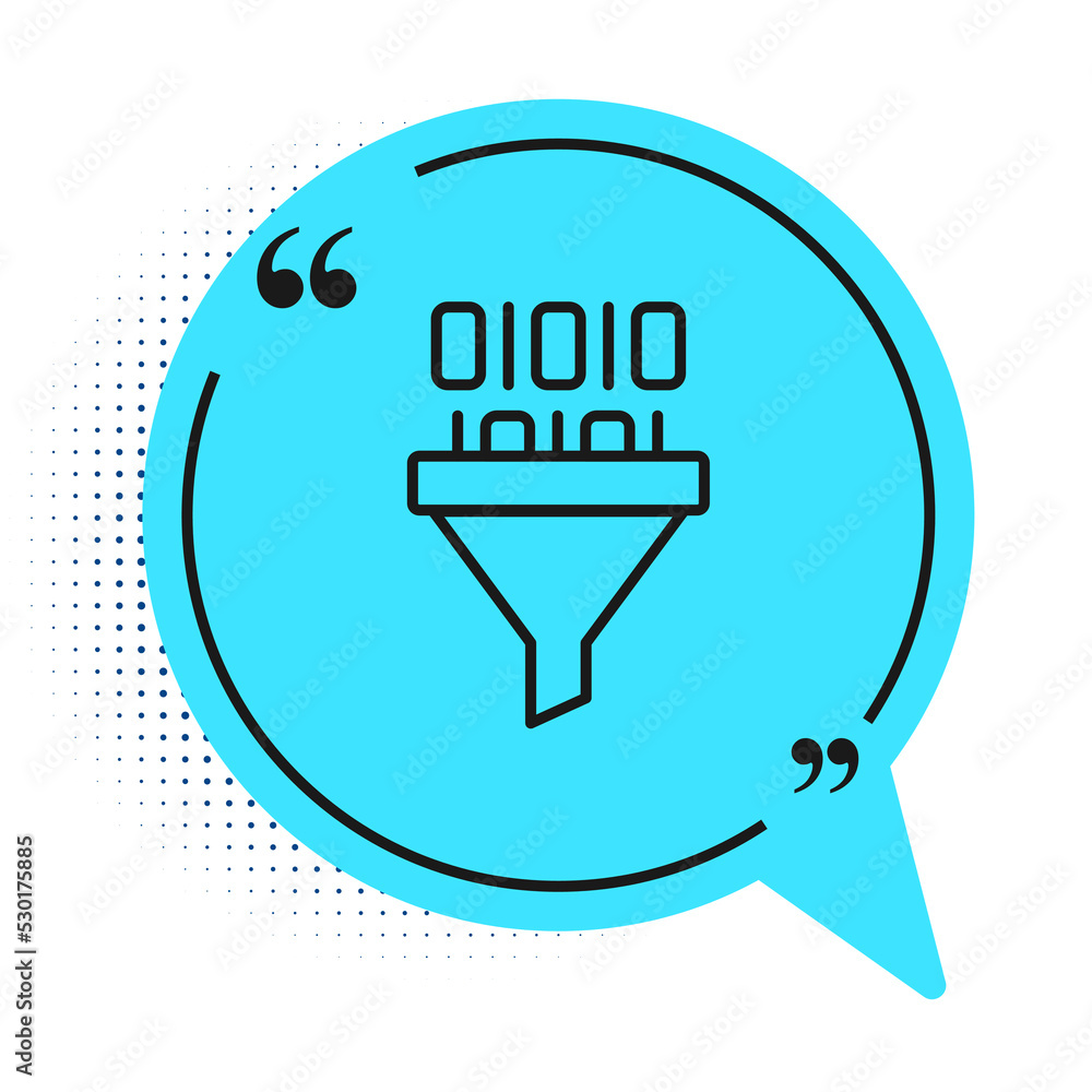 Poster black line binary code icon isolated on white background. blue speech bubble symbol. vector