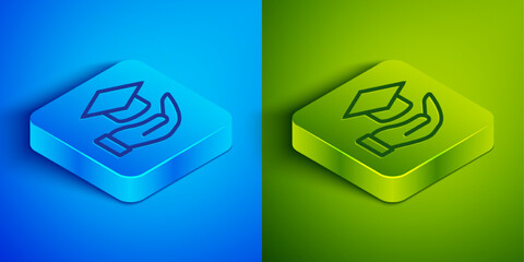 Isometric line Education grant icon isolated on blue and green background. Tuition fee, financial education, budget fund, scholarship program, graduation hat. Square button. Vector