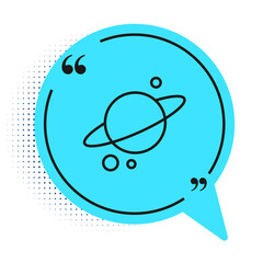 Black line Planet Saturn with planetary ring system icon isolated on white background. Blue speech bubble symbol. Vector