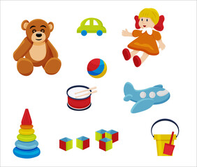 Png set of children's toys. A doll, a ball, a car, an airplane, a pyramid, cubes, a bucket with a shovel.